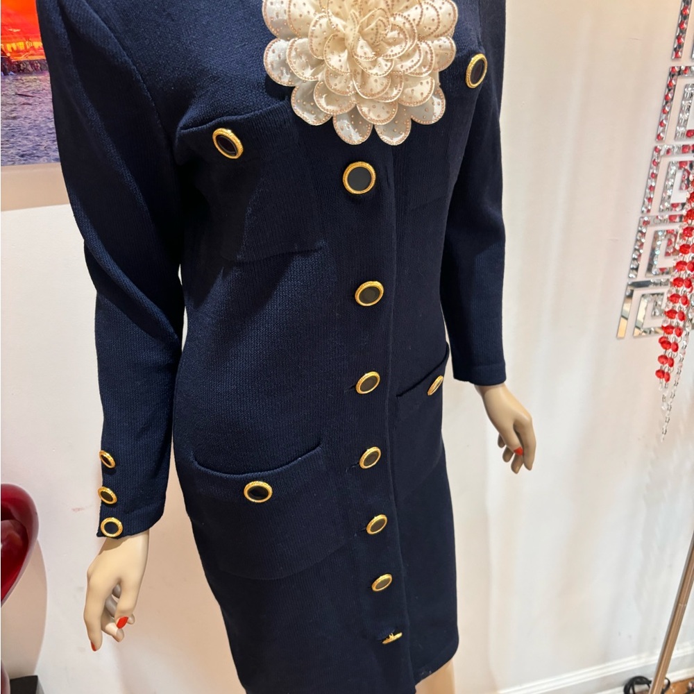 Elegant Navy Longline dress sweater buttoned gold blue M pencil - Picture 3 of 5